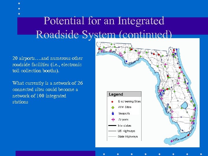 Potential for an Integrated Roadside System (continued) 20 airports…. and numerous other roadside facilities