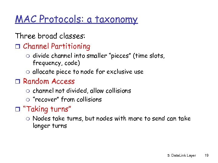 MAC Protocols: a taxonomy Three broad classes: r Channel Partitioning m m divide channel