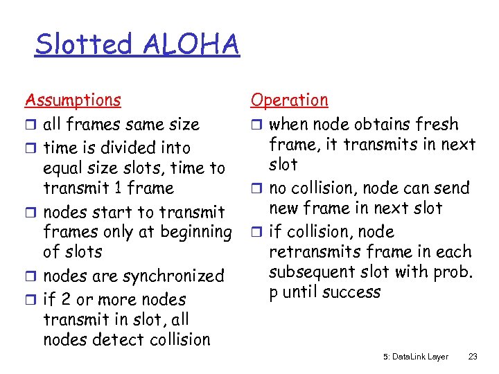 Slotted ALOHA Assumptions r all frames same size r time is divided into equal