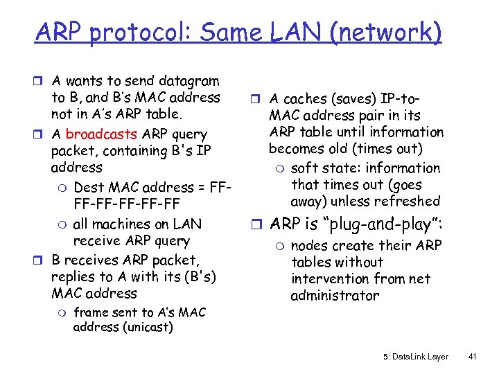 ARP protocol: Same LAN (network) r A wants to send datagram to B, and