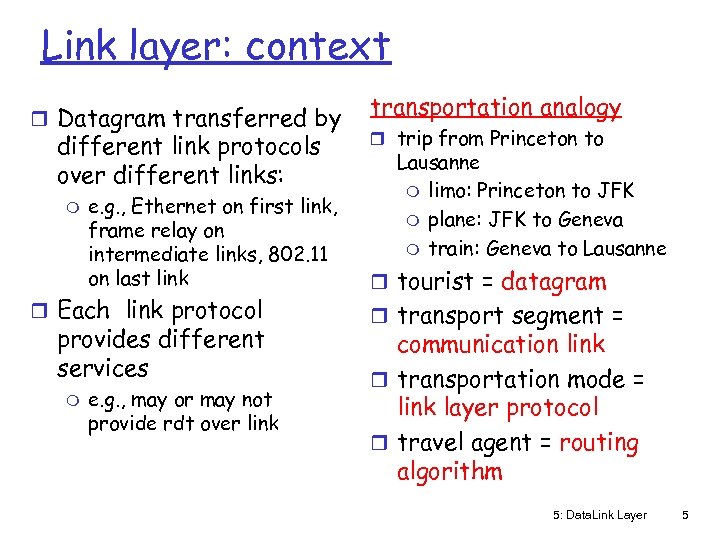 Link layer: context r Datagram transferred by different link protocols over different links: m