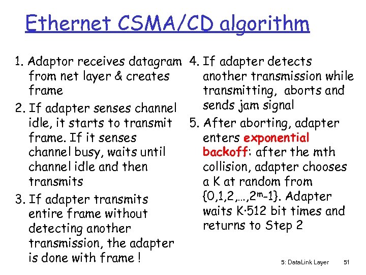 Ethernet CSMA/CD algorithm 1. Adaptor receives datagram 4. If adapter detects from net layer