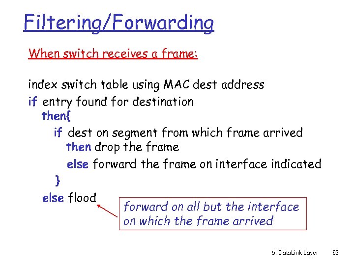 Filtering/Forwarding When switch receives a frame: index switch table using MAC dest address if