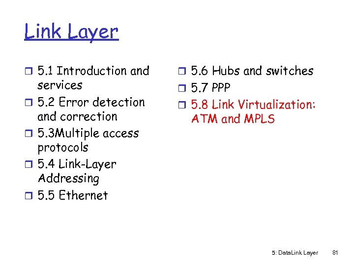 Link Layer r 5. 1 Introduction and r r services 5. 2 Error detection