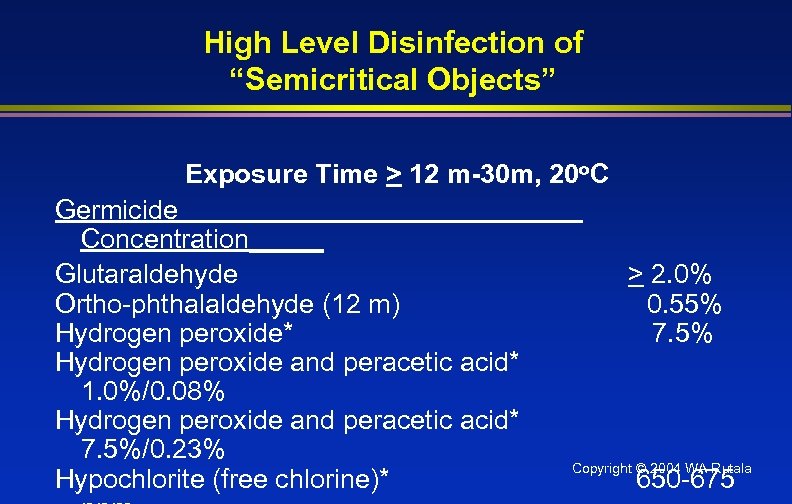 High Level Disinfection of “Semicritical Objects” Exposure Time > 12 m-30 m, 20 o.