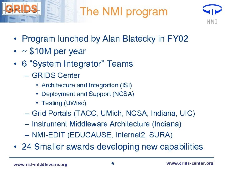 The NMI program • Program lunched by Alan Blatecky in FY 02 • ~