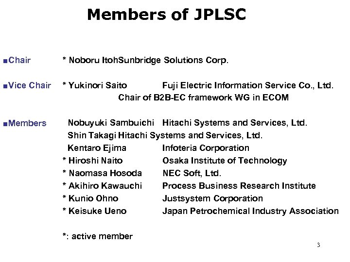 Members of JPLSC ■Chair * Noboru Itoh. Sunbridge Solutions Corp. ■Vice Chair * Yukinori
