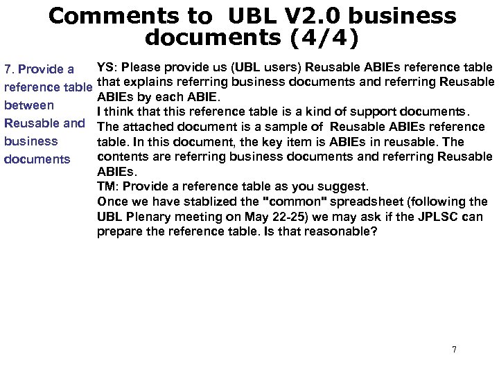 Comments to UBL V 2. 0 business documents (4/4) YS: Please provide us (UBL