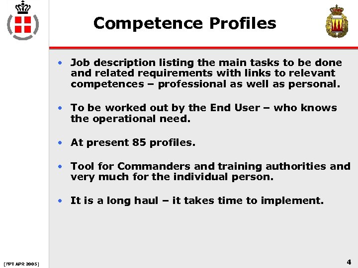 Competence Profiles • Job description listing the main tasks to be done and related