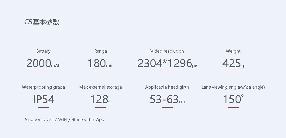 C 5基本参数 Battery 2000 Range m. Ah Waterproofing grade IP 54 180 Video resolution
