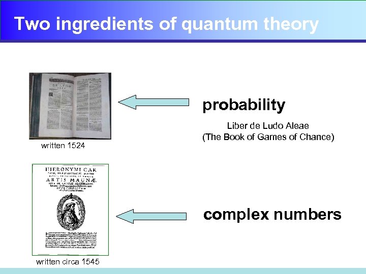 Two ingredients of quantum theory probability written 1524 Liber de Ludo Aleae (The Book