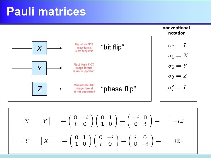 Pauli matrices conventional notation X “bit flip” Y Z “phase flip” 