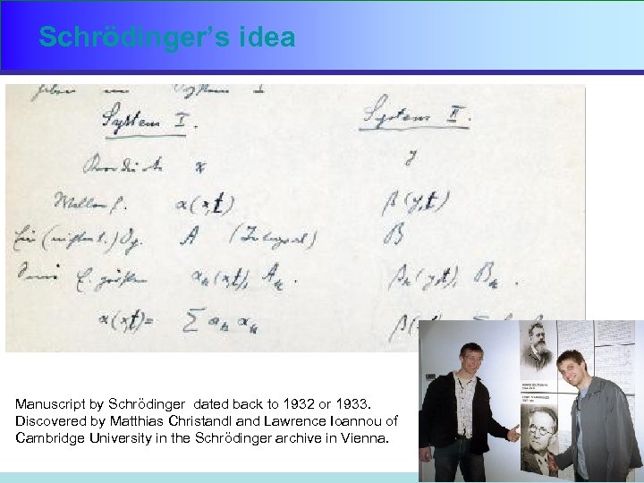 Schrödinger’s idea Manuscript by Schrödinger dated back to 1932 or 1933. Discovered by Matthias