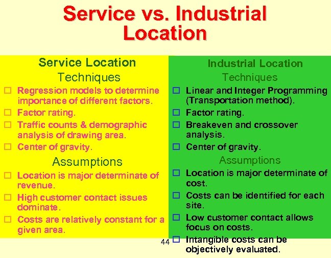 Service vs. Industrial Location Service Location Techniques o Regression models to determine importance of