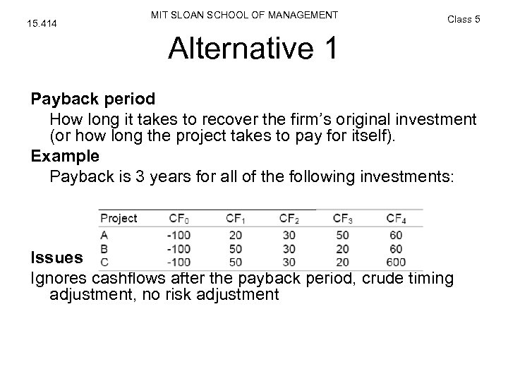 15. 414 MIT SLOAN SCHOOL OF MANAGEMENT Class 5 Alternative 1 Payback period How