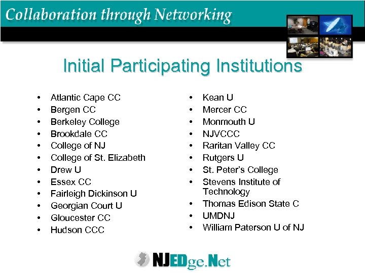 Initial Participating Institutions • • • Atlantic Cape CC Bergen CC Berkeley College Brookdale
