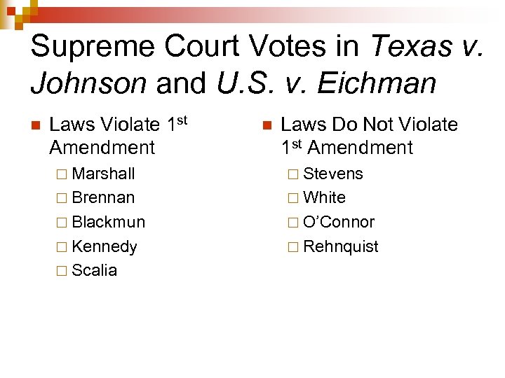 Supreme Court Votes in Texas v. Johnson and U. S. v. Eichman n Laws