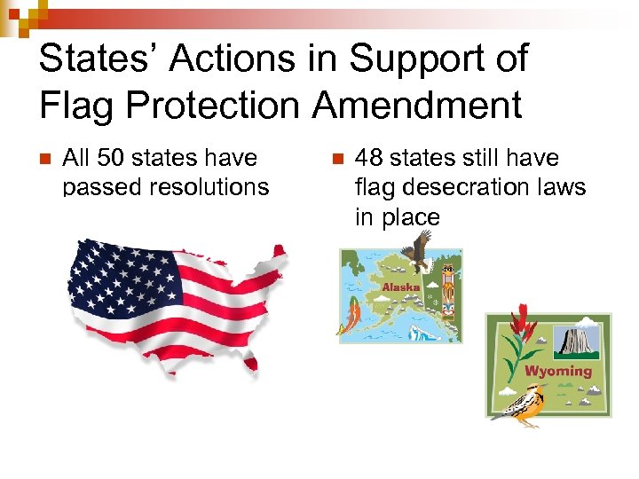 States’ Actions in Support of Flag Protection Amendment n All 50 states have passed