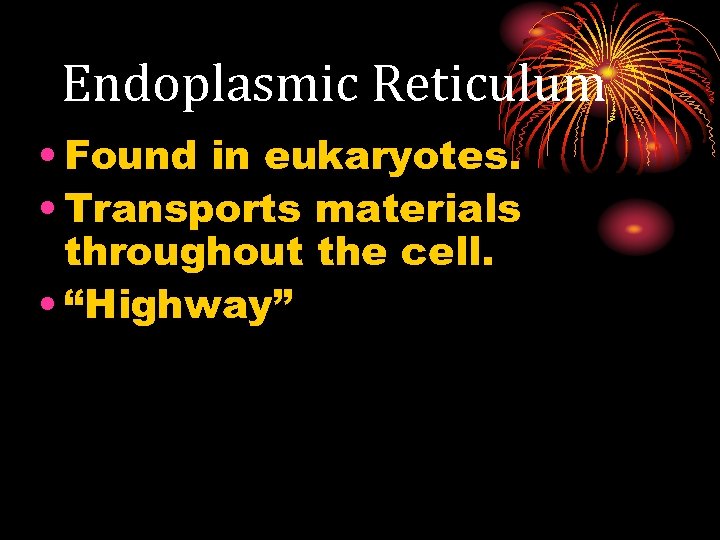 Endoplasmic Reticulum • Found in eukaryotes. • Transports materials throughout the cell. • “Highway”