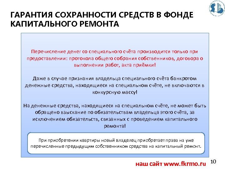 ГАРАНТИЯ СОХРАННОСТИ СРЕДСТВ В ФОНДЕ КАПИТАЛЬНОГО РЕМОНТА Перечисление денег со специального счёта производится только