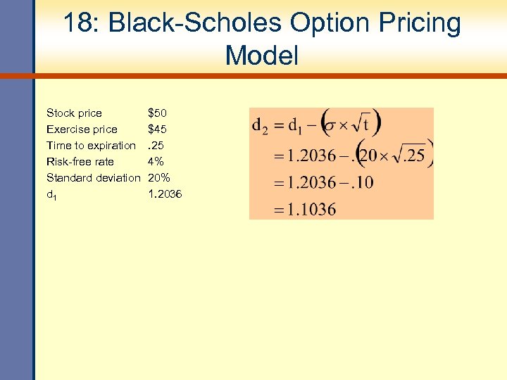 18: Black-Scholes Option Pricing Model Stock price Exercise price Time to expiration Risk-free rate