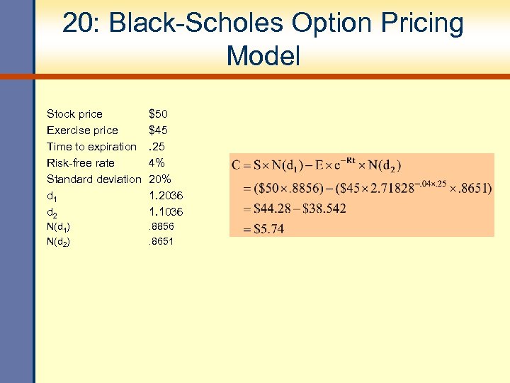 20: Black-Scholes Option Pricing Model Stock price Exercise price Time to expiration Risk-free rate