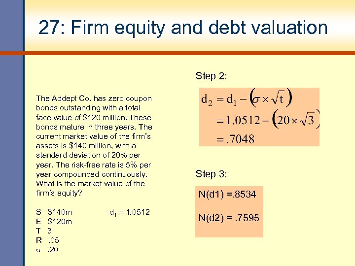 27: Firm equity and debt valuation Step 2: The Addept Co. has zero coupon