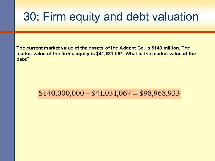 30: Firm equity and debt valuation The current market value of the assets of