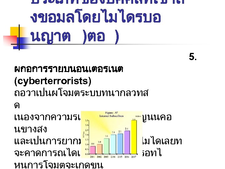 ประเภทของบคคลทเขาถ งขอมลโดยไมไดรบอ นญาต )ตอ ) ผกอการรายบนอนเตอรเนต (cyberterrorists) ถอวาเปนผโจมตระบบทนากลวทส ด เนองจากความรและความชำนาญนนคอ นขางสง และเปนการยากมากหรอเปนไปไมไดเลยท จะคาดการณไดเลยวาเมอไหรหรอทไ หนการโจมตจะเกดขน