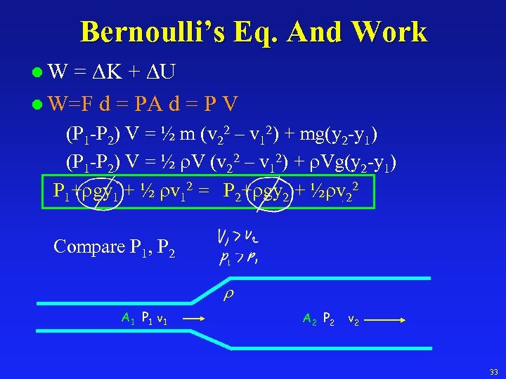 Bernoulli’s Eq. And Work = DK + DU l W=F d = PA d