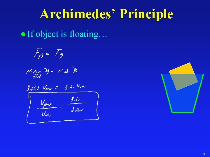 Archimedes’ Principle l If object is floating… 8 
