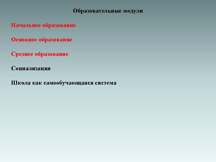 Образовательные модули Начальное образование Основное образование Среднее образование Социализация Школа как самообучающаяся система 