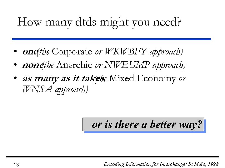 How many dtds might you need? • one(the Corporate or WKWBFY approach) • none