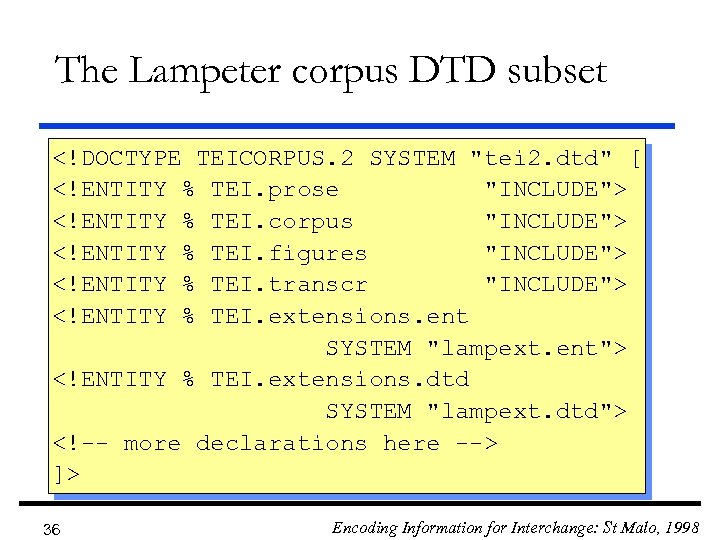 The Lampeter corpus DTD subset <!DOCTYPE TEICORPUS. 2 SYSTEM 