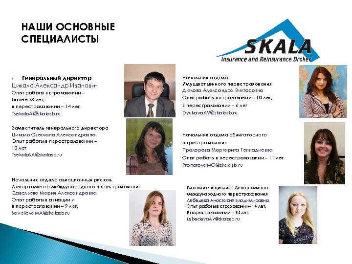 НАШИ ОСНОВНЫЕ СПЕЦИАЛИСТЫ Генеральный директор Цикало Александр Иванович Опыт работы в страховании – более