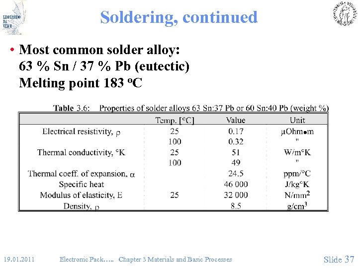 Soldering, continued • Most common solder alloy: 63 % Sn / 37 % Pb
