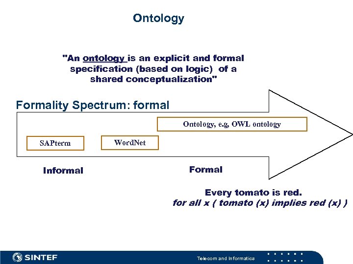 Ontology "An ontology is an explicit and formal specification (based on logic) of a