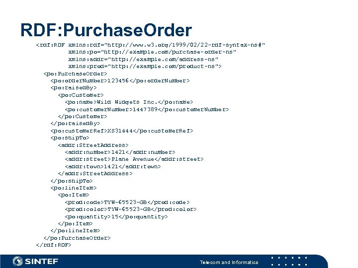 RDF: Purchase. Order <rdf: RDF xmlns: rdf="http: //www. w 3. org/1999/02/22 -rdf-syntax-ns#" xmlns: po="http: