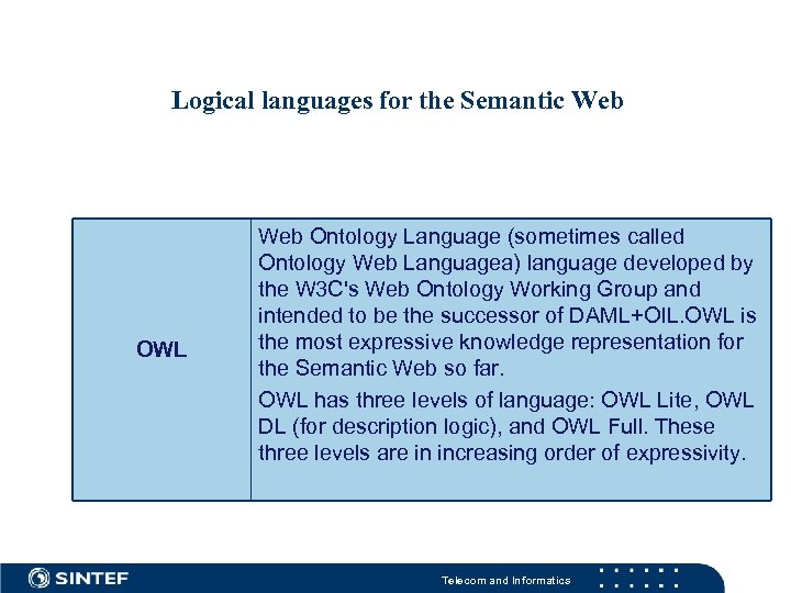 Logical languages for the Semantic Web OWL Web Ontology Language (sometimes called Ontology Web