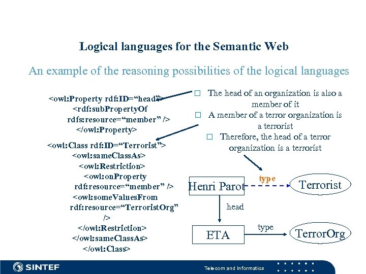 Logical languages for the Semantic Web An example of the reasoning possibilities of the