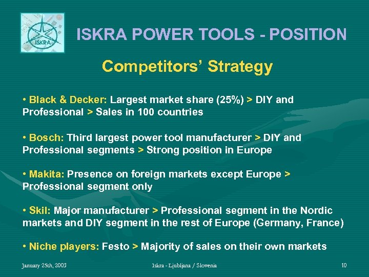 ISKRA POWER TOOLS - POSITION Competitors’ Strategy • Black & Decker: Largest market share