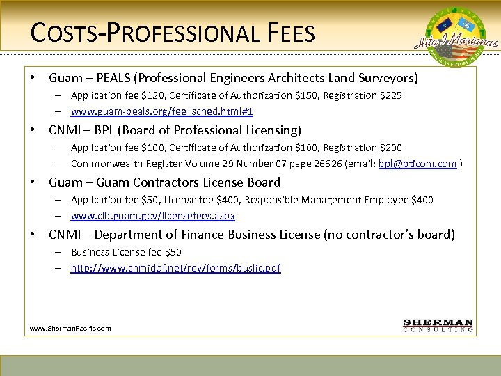 COSTS-PROFESSIONAL FEES • Guam – PEALS (Professional Engineers Architects Land Surveyors) – Application fee