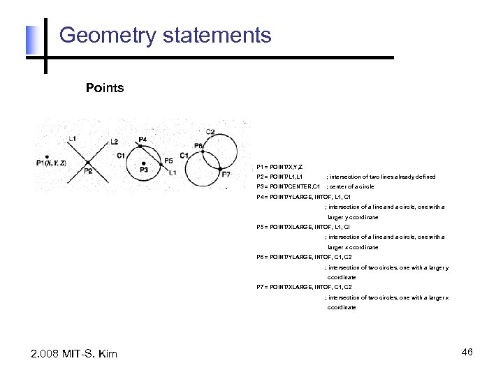 Geometry statements Points P 1 = POINT/X, Y, Z P 2 = POINT/L 1,