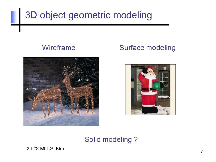 3 D object geometric modeling Wireframe Surface modeling Solid modeling ? 2. 008 MIT-S.