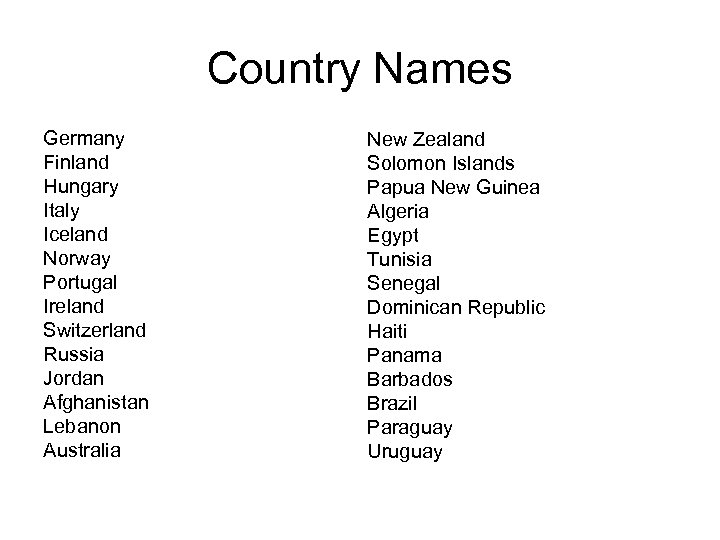 Country Names Germany Finland Hungary Italy Iceland Norway Portugal Ireland Switzerland Russia Jordan Afghanistan