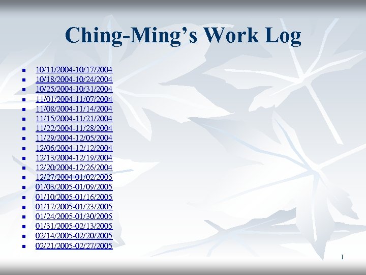 Ching-Ming’s Work Log n n n n n 10/11/2004 -10/17/2004 10/18/2004 -10/24/2004 10/25/2004 -10/31/2004