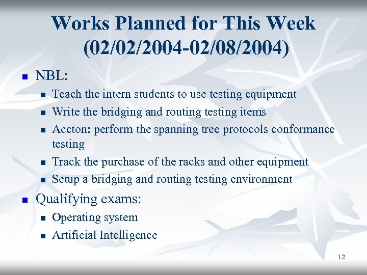 Works Planned for This Week (02/02/2004 -02/08/2004) n NBL: n n n Teach the