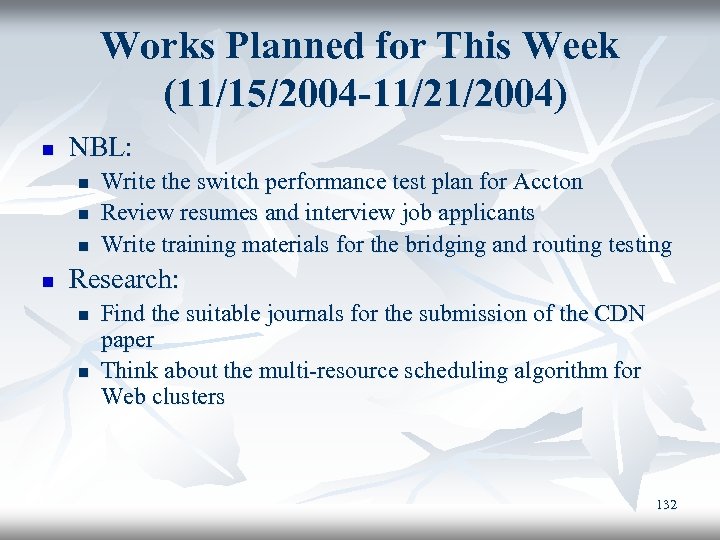 Works Planned for This Week (11/15/2004 -11/21/2004) n NBL: n n Write the switch