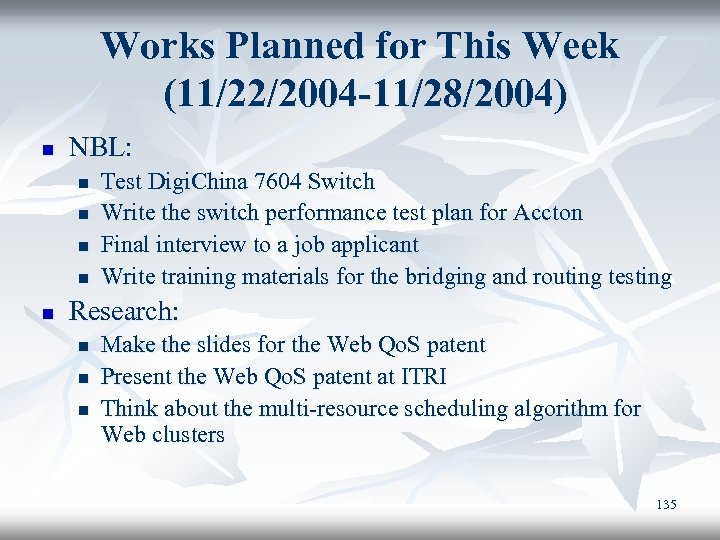 Works Planned for This Week (11/22/2004 -11/28/2004) n NBL: n n n Test Digi.