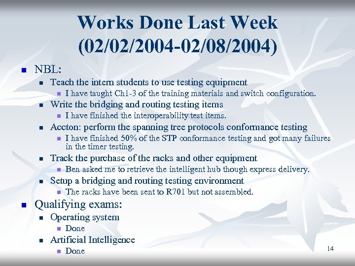 Works Done Last Week (02/02/2004 -02/08/2004) n NBL: n Teach the intern students to